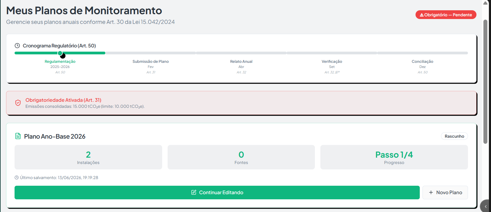 Tela de Meus Planos de Monitoramento com cronograma regulatório