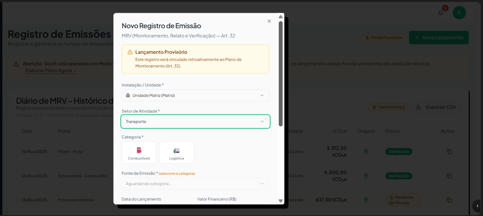Tela do Registro de Emissões com histórico do Diário de MRV